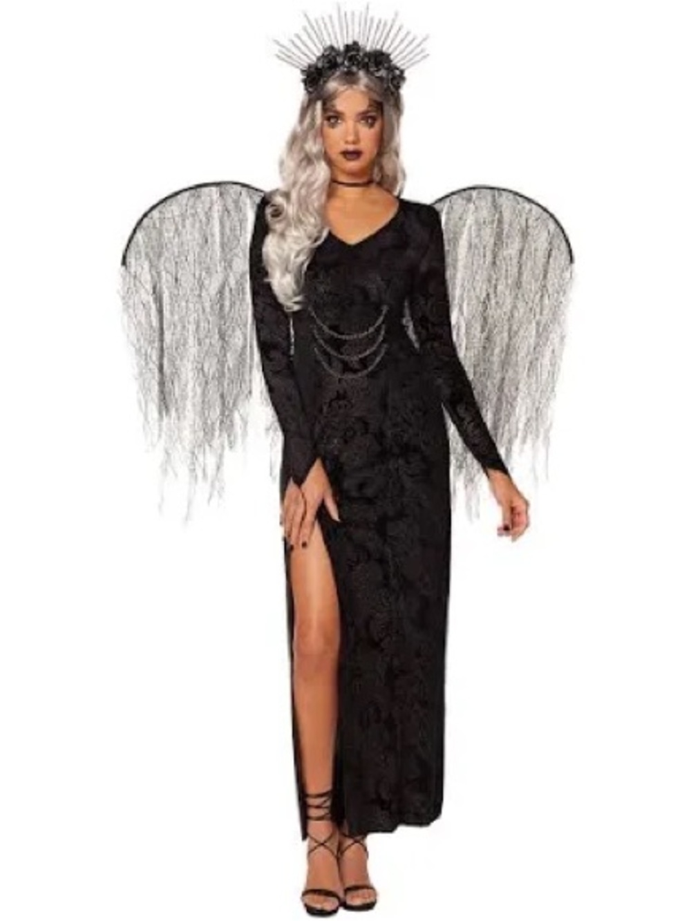 Spirit Black Gothic Dark Angel Costume with Sheer Fringe Wings Size L